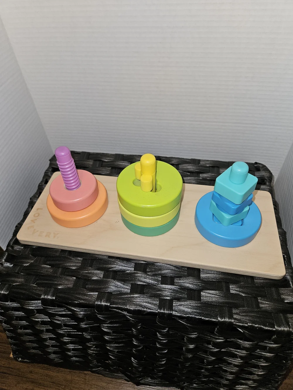 Wooden Triple Stacking Learning Toy – Pink, Orange, Yellow, Green, Blue